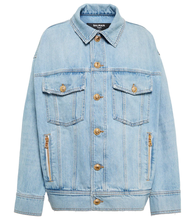 Balmain Faux Pearl-embellished Denim Jacket In Blue Jean