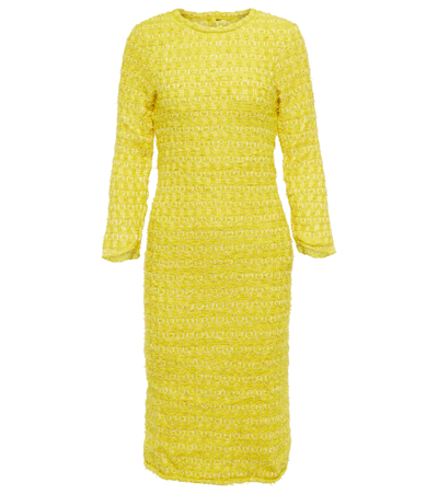 Balenciaga Metallic Eyelash Tweed Backwards Midi Dress In Yellow & Orange