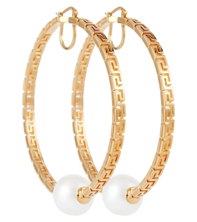Versace Gold-tone Greca Pearl Hoop Earrings