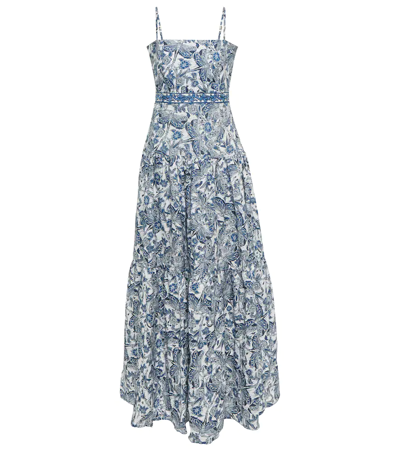 Agua By Agua Bendita Lima Libeulas Embroidered Tiered Printed Linen-canvas Dress In Blue