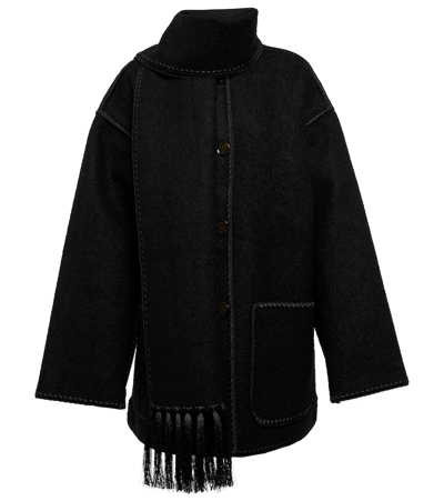 Totême Embroidered Fringe-trim Scarf Wool Jacket In Black