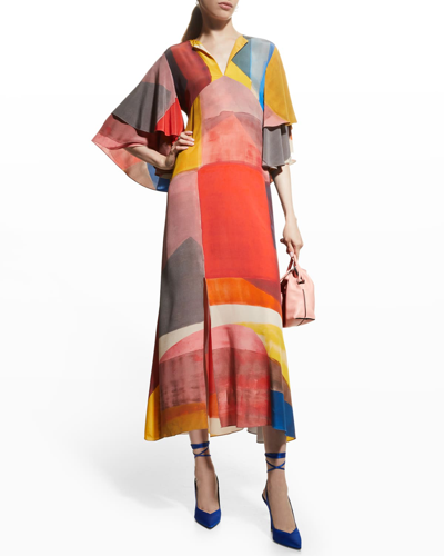 Arias New York X Anna Kunz Printed Flutter-sleeve Midi Dress In With Rays