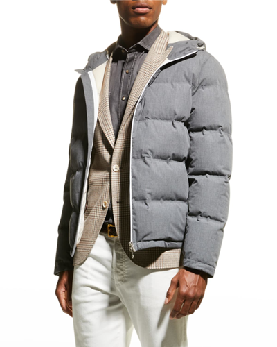 Brunello Cucinelli Quilted Cotton Hooded Down Jacket In Gray