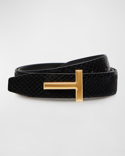 Tom Ford T Buckle Python Embossed Smooth Leather Belt In Black