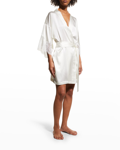 Neiman Marcus Short Lace-trim Silk Robe In White