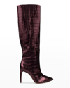 Black Suede Studio Taylor Croco Stiletto Knee Boots In Oxblood Croc Embo