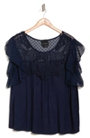 Forgotten Grace Mixed Media Flutter Sleeve Blouse In Navy