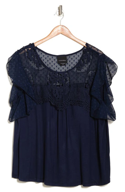 Forgotten Grace Mixed Media Flutter Sleeve Blouse In Navy