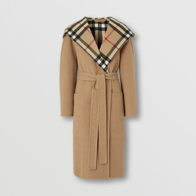 Burberry Check Detail Wool Hooded Wrap Coat In Archive Beige