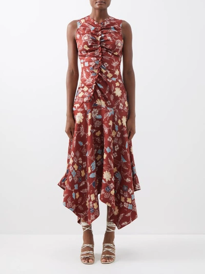 Ulla Johnson Alma Asymmetric Ruched Floral-print Silk-twill Dress In Anemone