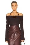 Simkhai Cambria Sheer Alpaca Ls Off Shoulder W Halter Ties In Chocolate
