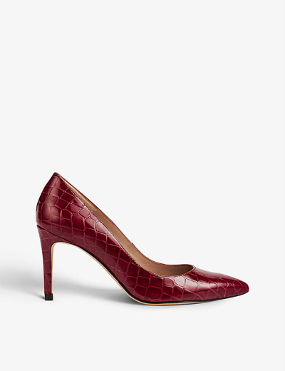 Lk Bennett Floret Croc-embossed Pointed-toe Leather Courts In Red-red