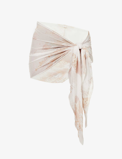 Gracejacob Asymmetric Abstract-print Woven Mini Skirt In Marble Sand