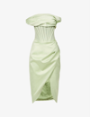 House Of Cb Lulu Corset One-shoulder Satin Midi Dress In Pistachio