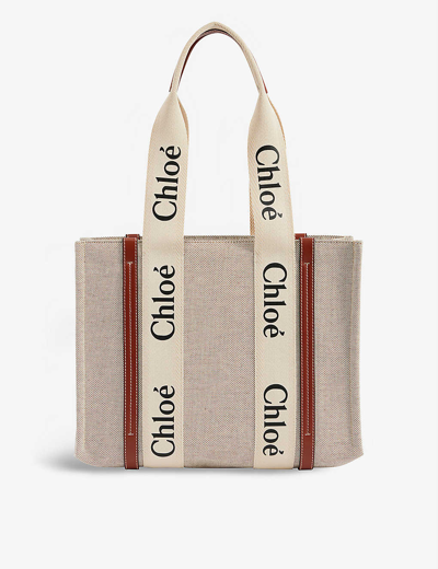 Chloé Womens White Brown Woody Medium Cotton-canvas Tote Bag