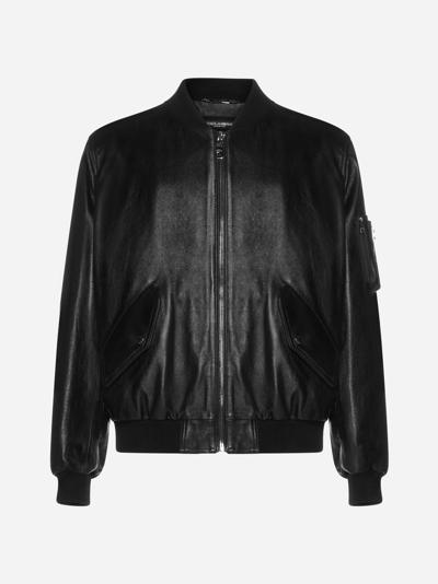 Dolce & Gabbana Leather Bomber Jacket In Black