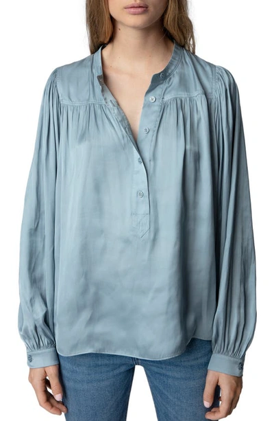 Zadig & Voltaire Tigy Gathered-effect Balloon-sleeve Satin Blouse In Blue