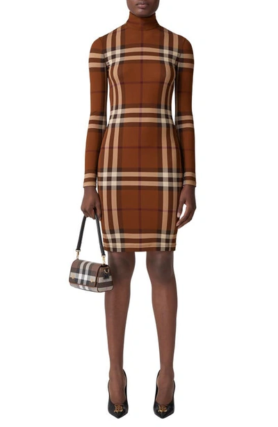 Burberry Gemma Check Long Sleeve Stretch Jersey Dress In Dark Birch Brown