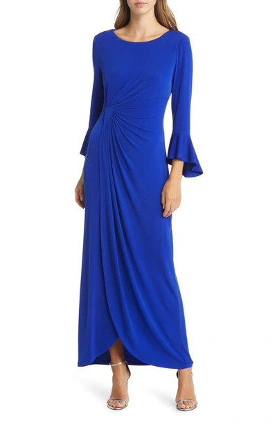 Connected Apparel Mock Wrap Gown In Deep Cobalt