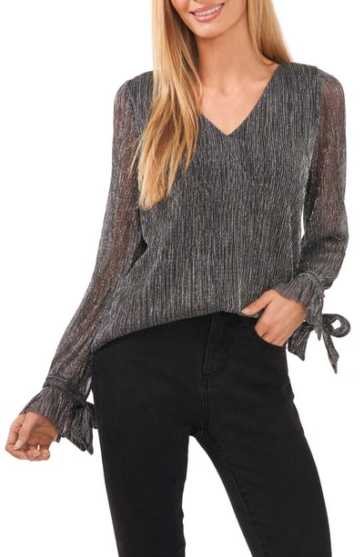 Cece Metallic V-neck Tie Sleeve Blouse In Gunmetal