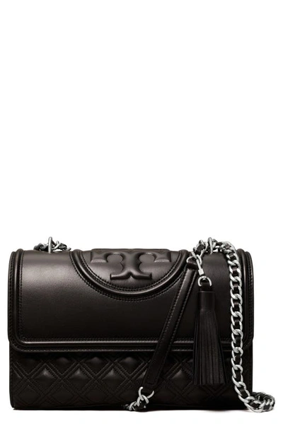 Tory Burch Fleming Leather Convertible Shoulder Bag In Black/silver
