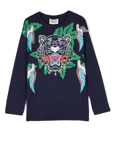 Kenzo Kids' Tiger-print Long-sleeve T-shirt In Blau