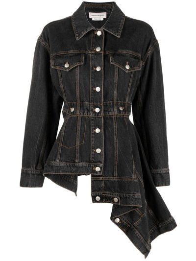 Alexander Mcqueen Pieced And Patched Asymmetric Denim Jacket In Grey