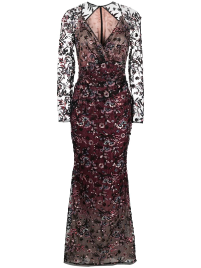 Talbot Runhof Floral-embroidered Maxi Dress In Red