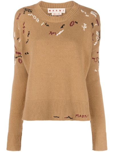 Marni Embroidered Round Neck Jumper In Brown