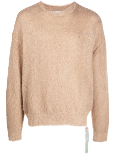 Off-white Camel-coloured Mohair Blend Crew Neck Sweater In Beige