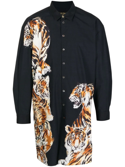 Camilla Tiger-print Long-line Shirt In Schwarz