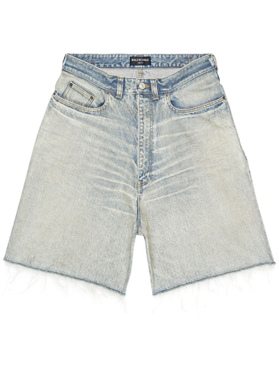 Balenciaga Frayed Edge Denim Shorts In Blue