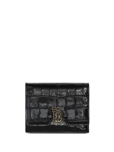 Burberry Leather Tb Monogram Folding Wallet In Black