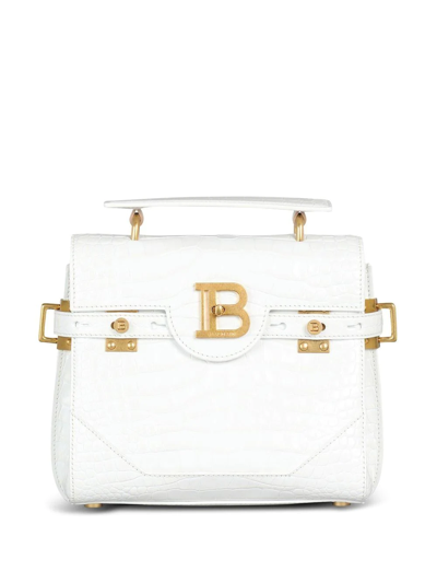 Balmain B-buzz Crocodile-embossed Shoulder Bag In White