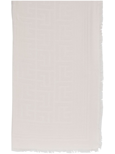 Balmain Fringed Logo-pattern Scarf In Grey