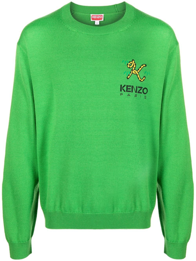 Kenzo Logo刺绣圆领羊毛毛衣 In Green