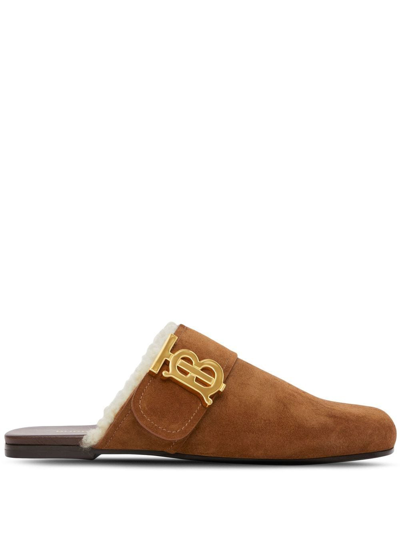 Burberry Shearling-lined Suede Leather Mules In Brown
