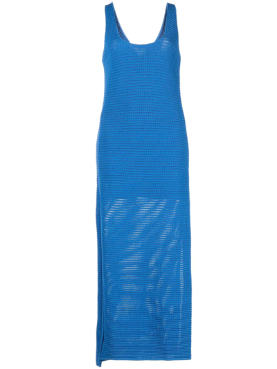 Frame Ribbed Crochet Midi Bodycon Dress In Blue