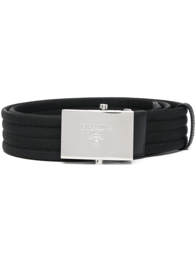 Prada Engraved-logo Woven Belt In Black