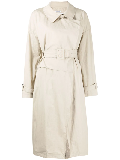 Pushbutton Belted Trench Coat In Braun