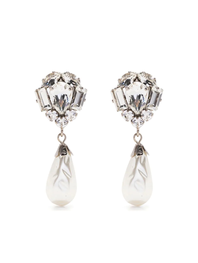 Alessandra Rich Crystal Earrings With Pearl Pendant In Metallic