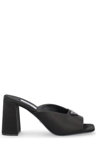 Prada Enamel Triangle Logo 85mm High-heel Satin Slides In Black