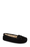 Minnetonka Karla Womens Leather Bow Moccasin Slippers In Black Suede
