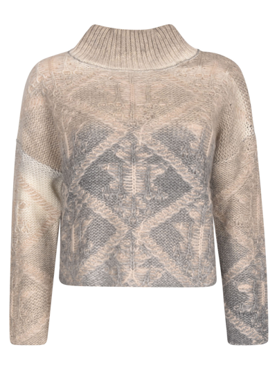 Dondup High-neck Patterned Woven Sweater In Panna/grey