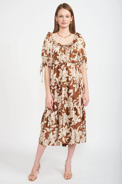 En Saison Angelia Satin Floral Tiered Midi Dress In Brown