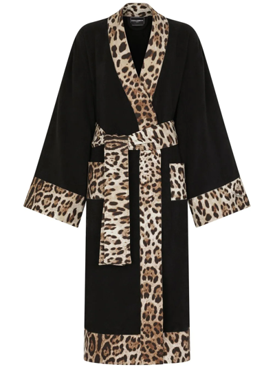 Dolce & Gabbana Leopard Print-trim Bathrobe In Black
