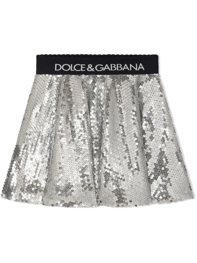 Dolce & Gabbana Kids' Sequined Midi Skirt With Branded Elastic In Silver