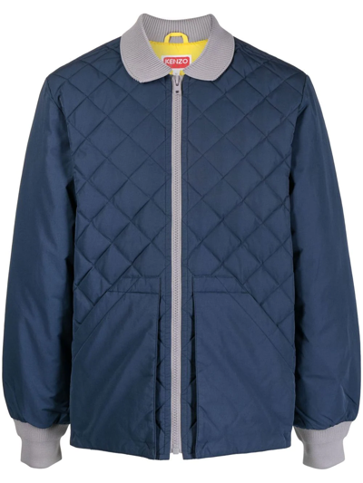 Kenzo Two-tone Diamond-quilt Jacket In Blue