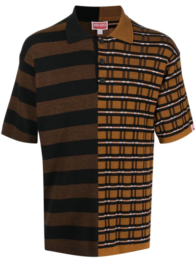 Kenzo Striped Wool And Cotton Polo Jumper In Brown