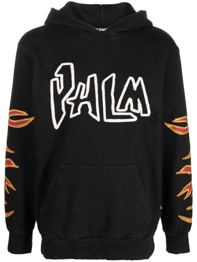 Palm Angels Flame-print Cotton Hoodie In Black White